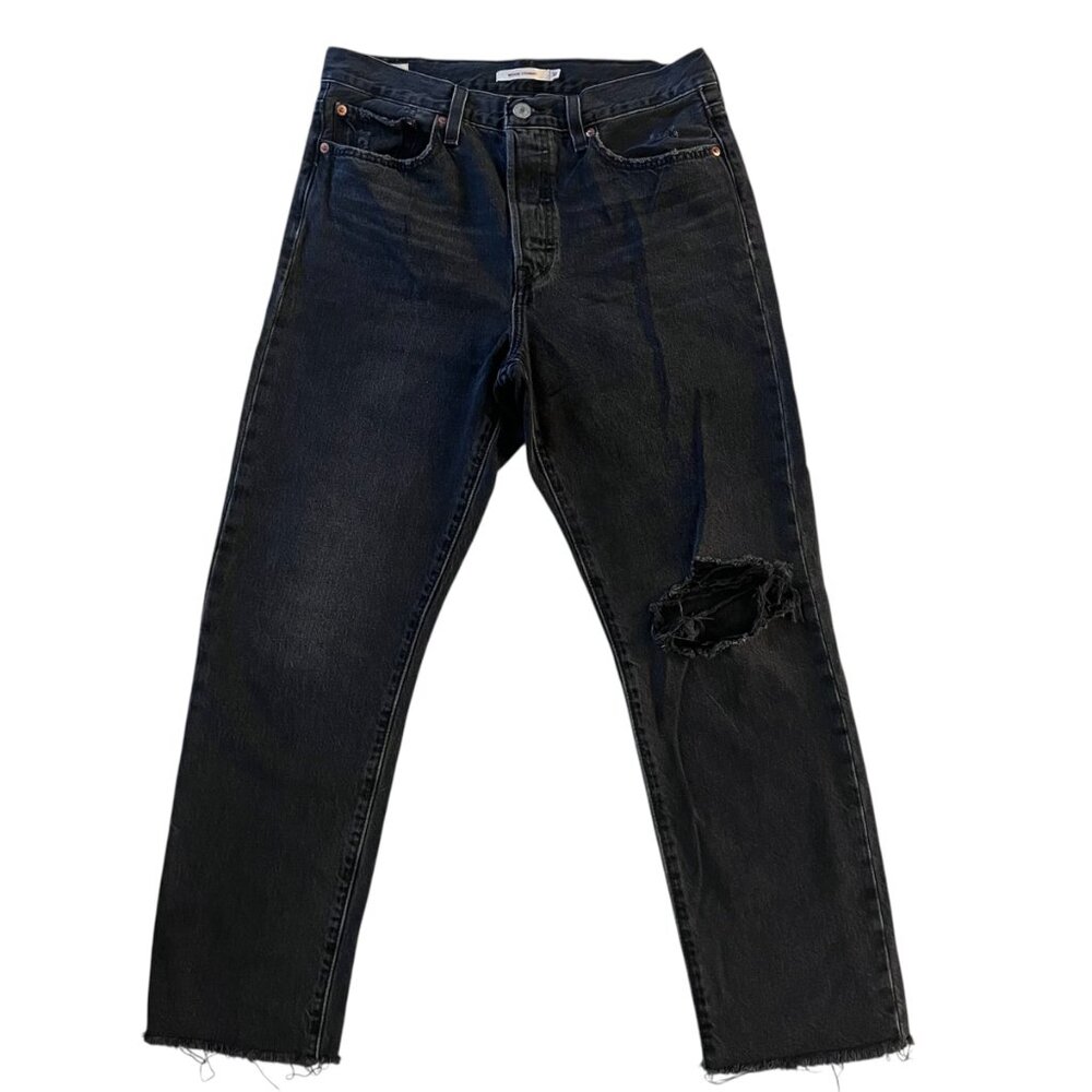 Levis Premium Jeans Womens 30 Black Denim Distressed Big E Wedgie Straight 30x28